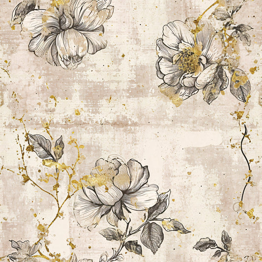 Antique Linocut Stenciled Pastel Florals Pattern 15 Quilting Cotton Fabric