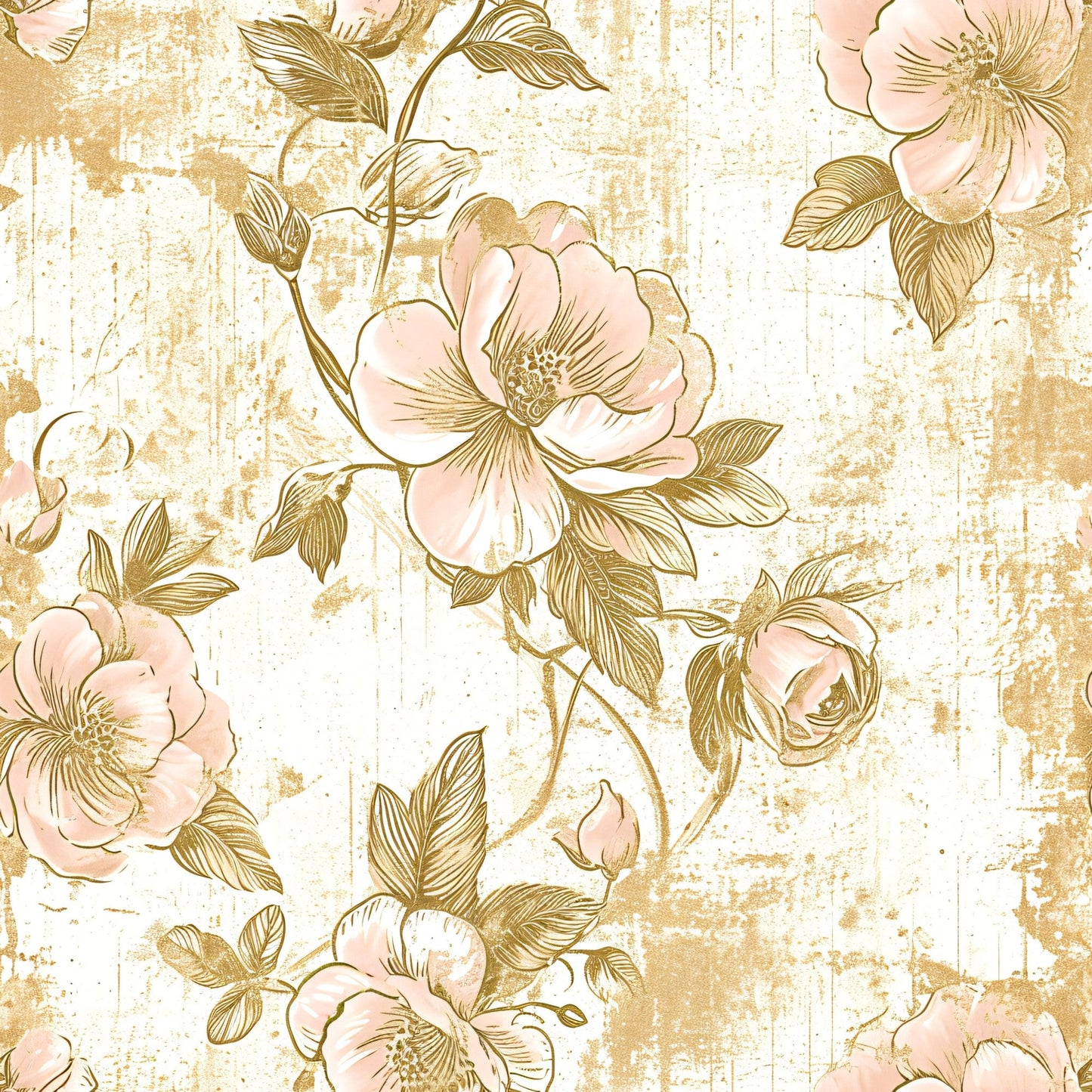 Antique Linocut Stenciled Pastel Florals Pattern 16 Quilting Cotton Fabric