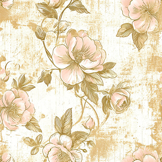 Antique Linocut Stenciled Pastel Florals Pattern 16 Quilting Cotton Fabric