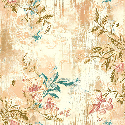 Antique Linocut Stenciled Pastel Florals Pattern 17 Quilting Cotton Fabric