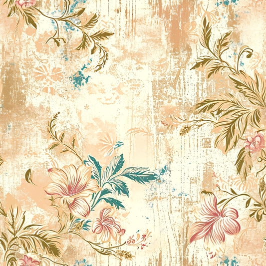 Antique Linocut Stenciled Pastel Florals Pattern 17 Quilting Cotton Fabric