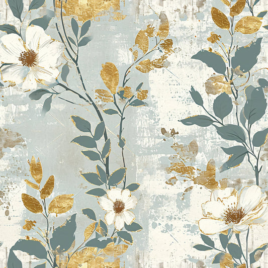 Antique Linocut Stenciled Pastel Florals Pattern 18 Quilting Cotton Fabric