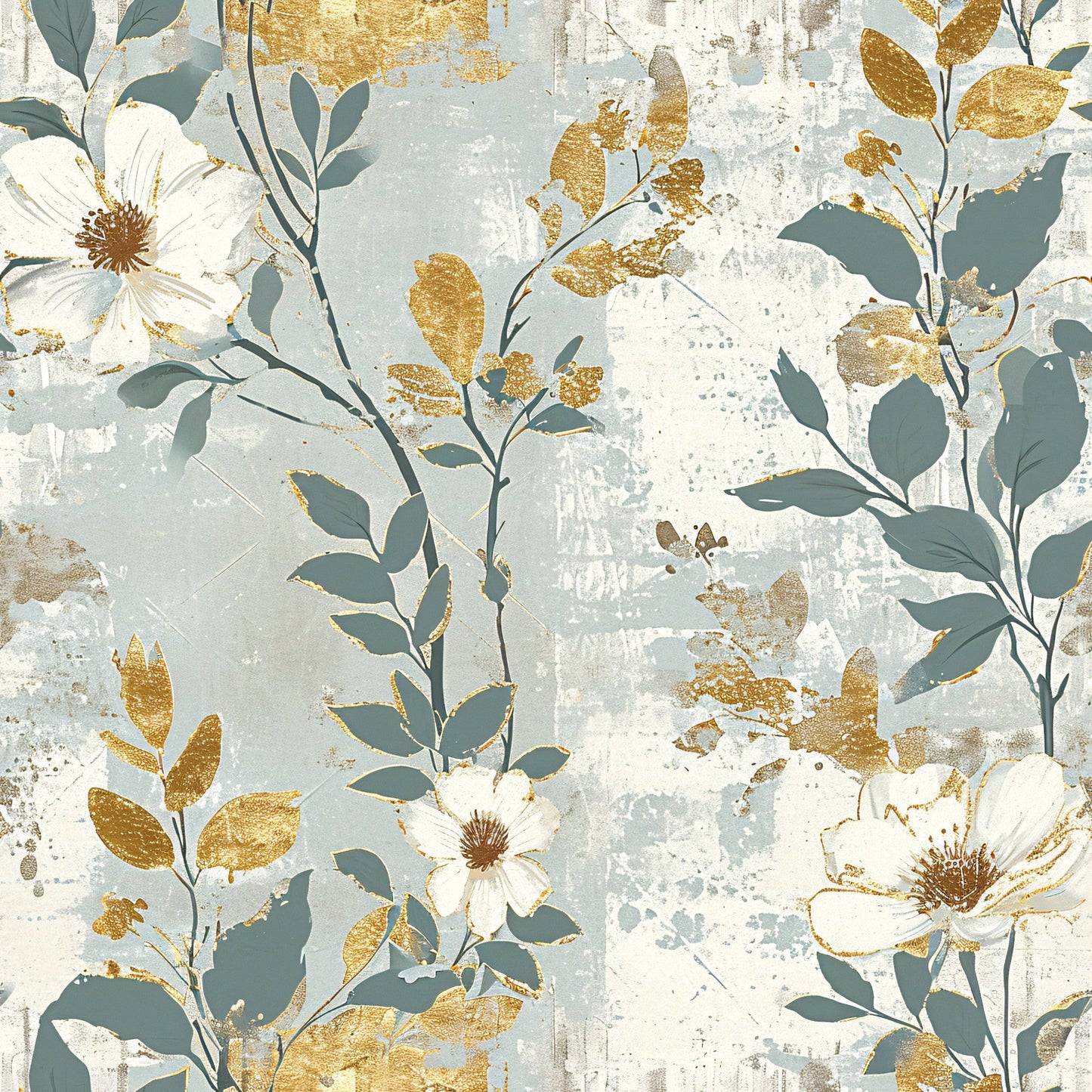 Antique Linocut Stenciled Pastel Florals Pattern 18 Quilting Cotton Fabric