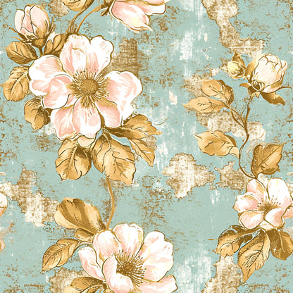 Antique Linocut Stenciled Pastel Florals Pattern 19 Quilting Cotton Fabric