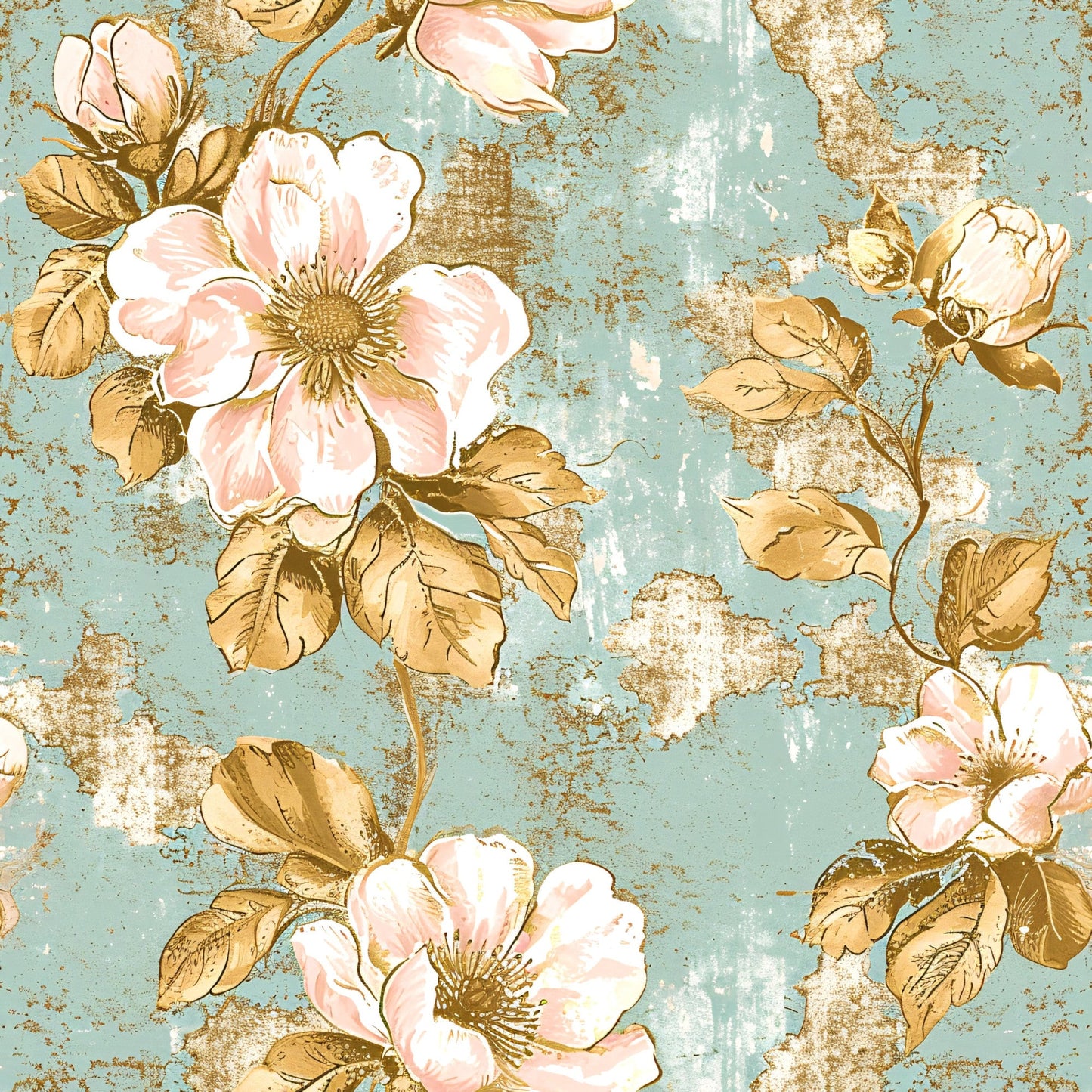 Antique Linocut Stenciled Pastel Florals Pattern 19 Quilting Cotton Fabric