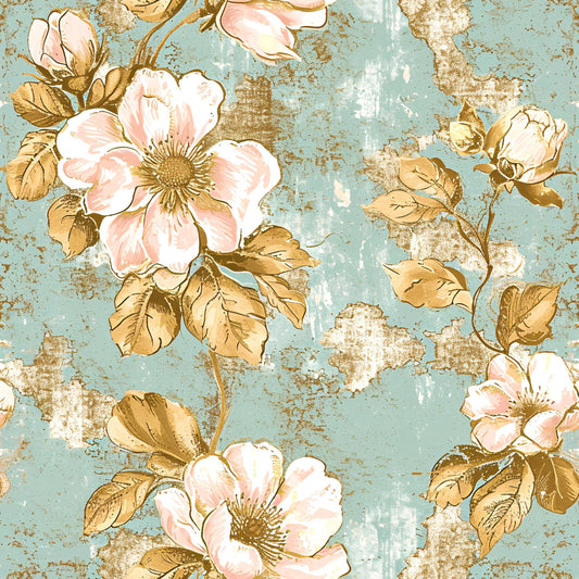 Antique Linocut Stenciled Pastel Florals Pattern 19 Quilting Cotton Fabric