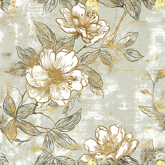 Antique Linocut Stenciled Pastel Florals Pattern 3 Quilting Cotton Fabric