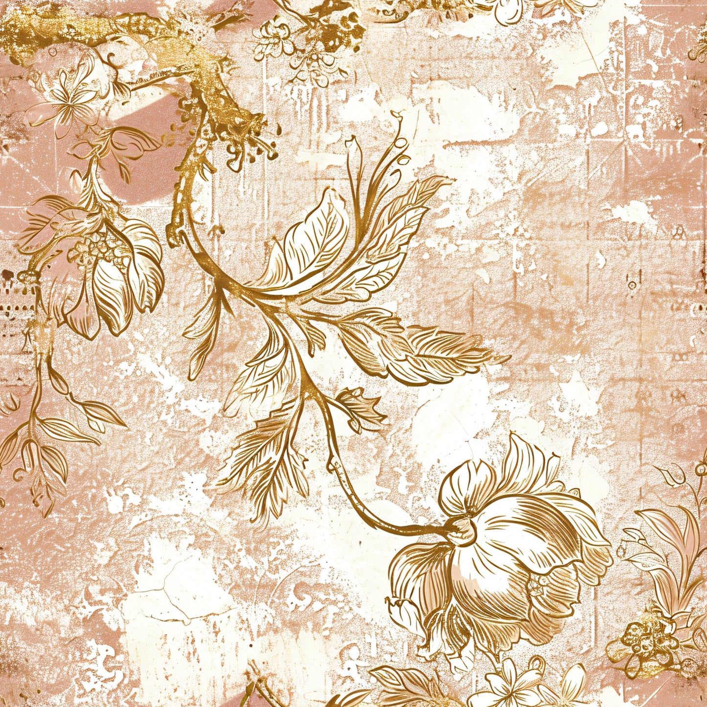 Antique Linocut Stenciled Pastel Florals Pattern 4 Quilting Cotton Fabric