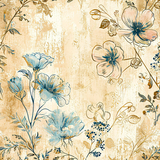 Antique Linocut Stenciled Pastel Florals Pattern 5 Quilting Cotton Fabric