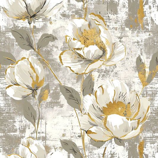 Antique Linocut Stenciled Pastel Florals Pattern 6 Quilting Cotton Fabric