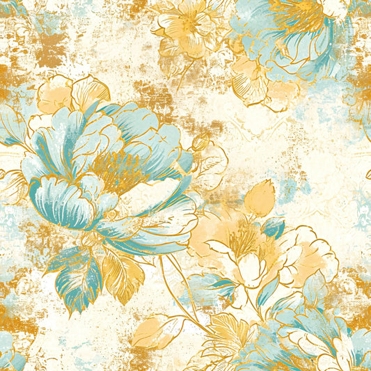 Antique Linocut Stenciled Pastel Florals Pattern 9 Quilting Cotton Fabric