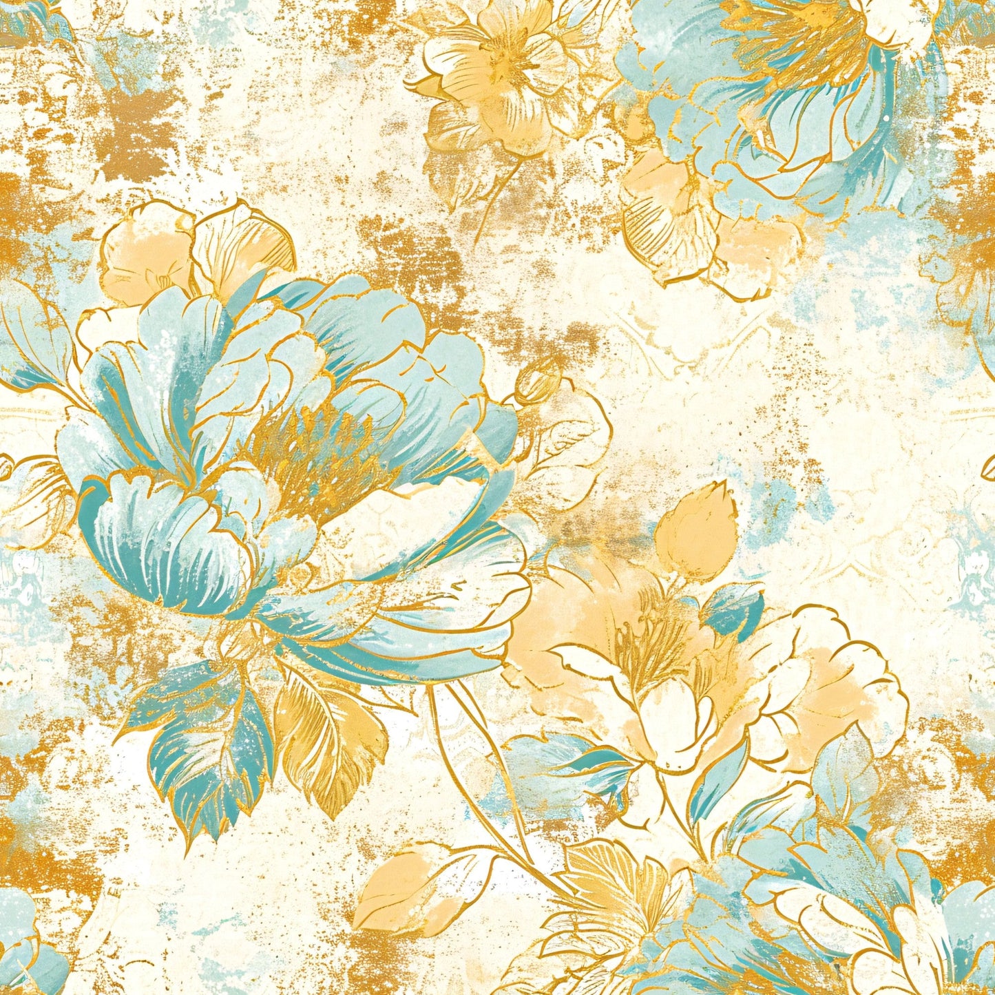 Antique Linocut Stenciled Pastel Florals Pattern 9 Quilting Cotton Fabric