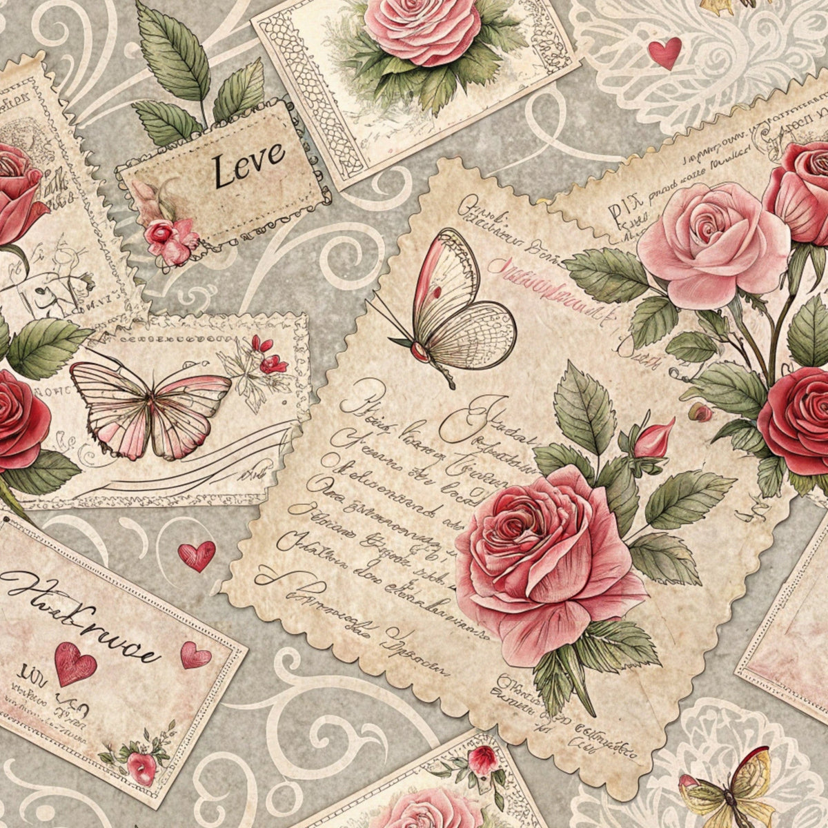 Antique Valentine Postcards Pattern 5 Minky Fabric