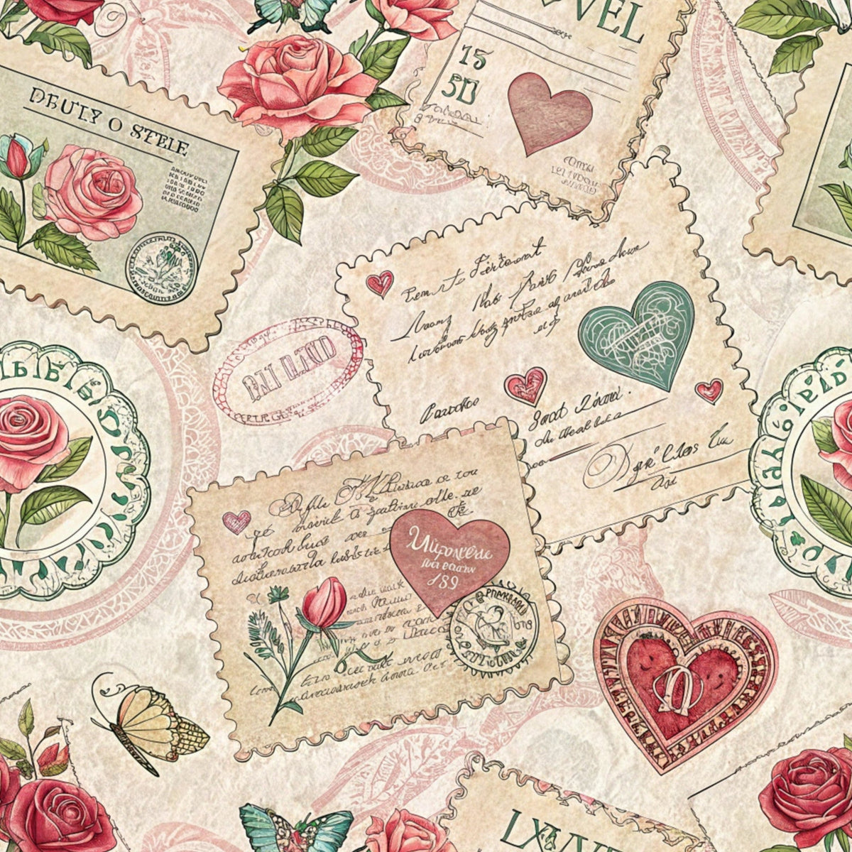 Antique Valentine Postcards Pattern 8 Minky Fabric