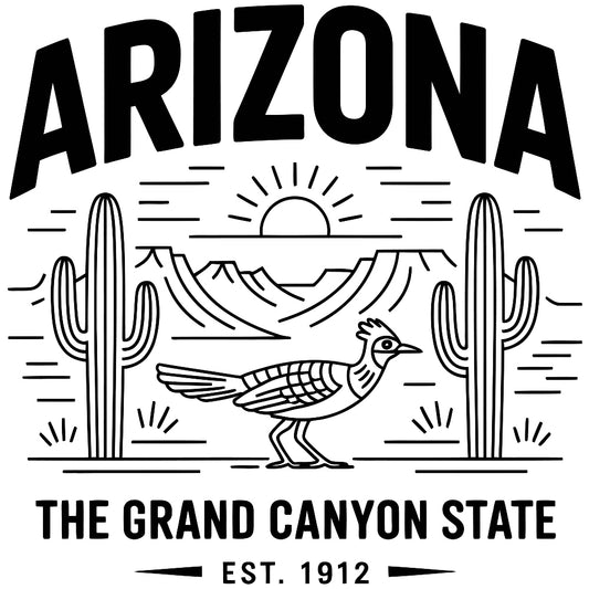 Arizona Black and White Fabric Panel featuring Arizona text, desert landscape, cacti, and roadrunner design in premium quilting cotton.