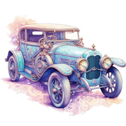 Art Nouveau Retro Cars Fabric Panel 1 featuring detailed vintage blue car illustration on premium quilting cotton fabric.
