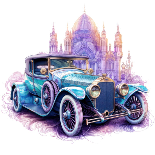 Art Nouveau Retro Cars Fabric Panel 10 features a detailed vintage blue car with ornate architectural background in soft pastel hues.