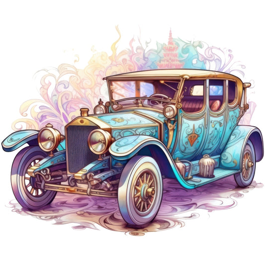 Art Nouveau Retro Cars Fabric Panel 11 featuring a vintage blue car with ornate details and swirling pastel designs.