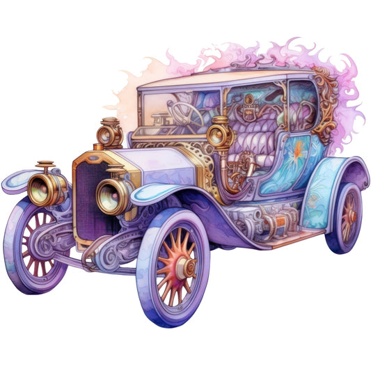 Art Nouveau Retro Cars Fabric Panel 12 featuring a detailed vintage car illustration with intricate ornate design in pastel colors.
