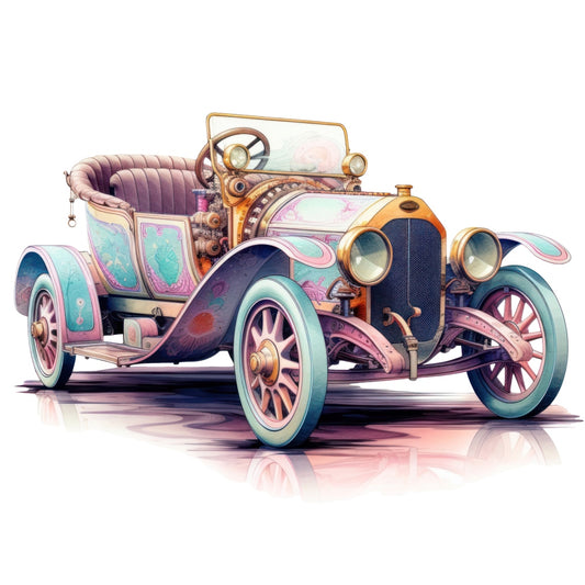 Art Nouveau Retro Cars Fabric Panel 13 features a detailed vintage car illustration in pastel colors on premium quilting cotton.