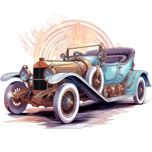 Art Nouveau Retro Cars Fabric Panel 14 featuring a detailed vintage blue and brown classic car illustration on premium quilting cotton fabric.