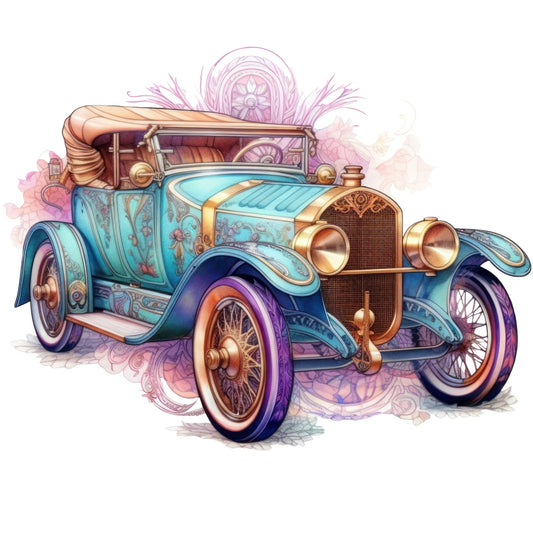 Art Nouveau Retro Cars Fabric Panel 15 featuring a detailed vintage blue car with gold accents on premium cotton fabric.
