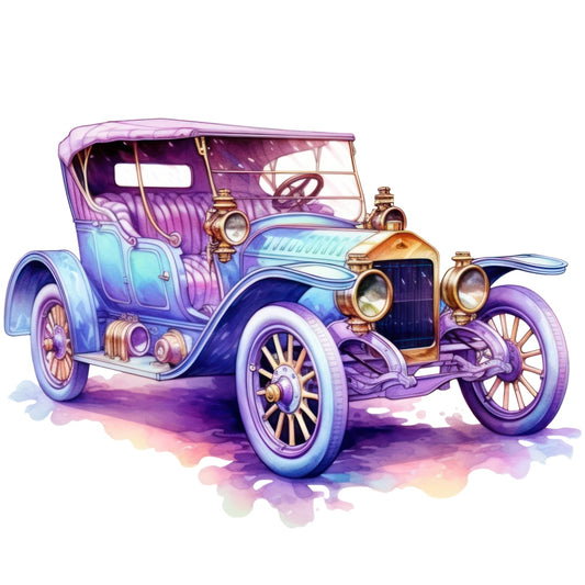 Art Nouveau Retro Cars Fabric Panel 16 featuring a detailed artistic vintage car in vibrant blue and purple hues on premium quilting cotton.