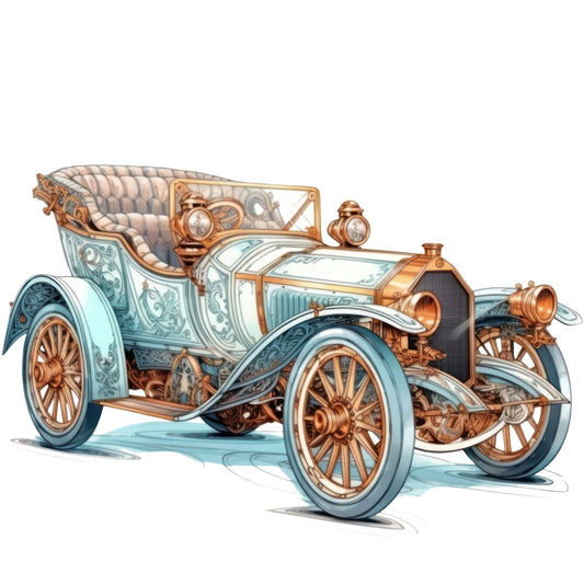 Art Nouveau Retro Cars Fabric Panel 17 featuring a detailed vintage car illustration with elegant ornate design in soft blue and copper tones.