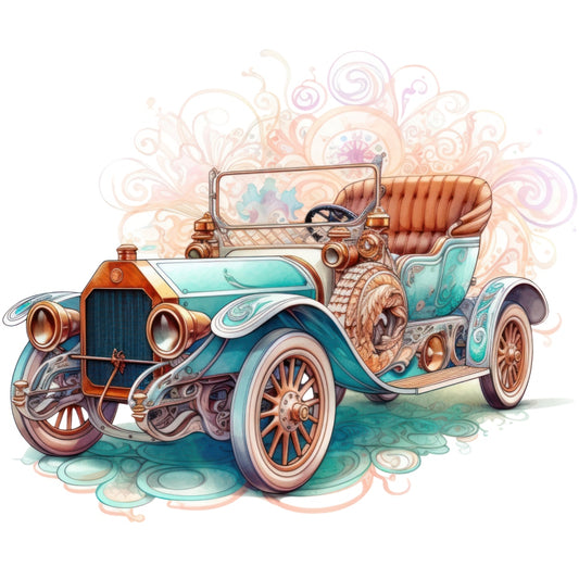 Art Nouveau Retro Cars Fabric Panel 19 featuring a detailed vintage car illustration with ornate, swirling background patterns.