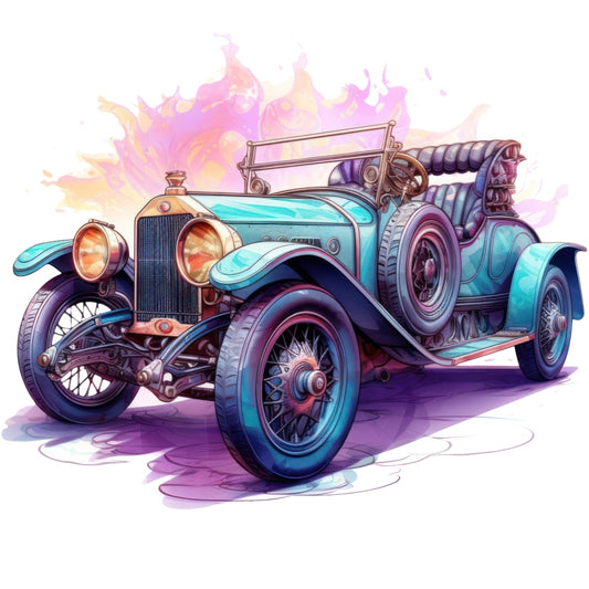 Art Nouveau Retro Cars Fabric Panel 2 featuring a detailed illustration of a vintage blue convertible car with artistic fluid background.