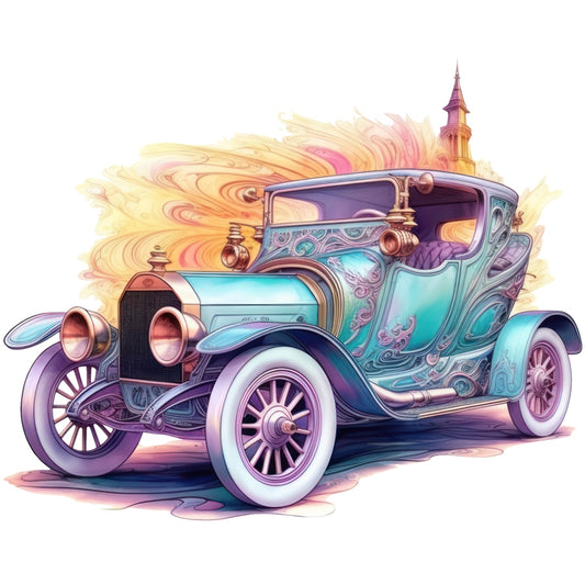 Art Nouveau Retro Cars Fabric Panel 20 featuring a detailed vintage car illustration in pastel colors with intricate decorative patterns.