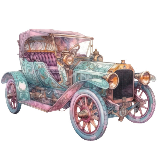 Art Nouveau Retro Cars Fabric Panel 3 showcasing a detailed vintage car illustration in pastel colors on premium quilting cotton.