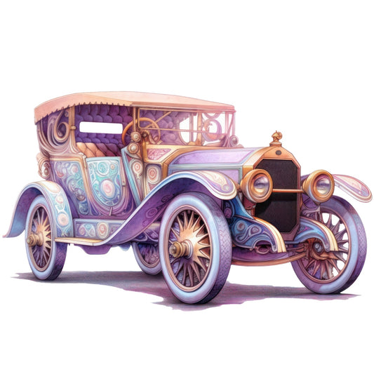 Art Nouveau Retro Cars Fabric Panel 4 featuring a detailed vintage car illustration in pastel shades on premium quilting cotton.
