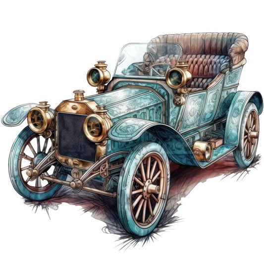 Art Nouveau Retro Cars Fabric Panel 5 featuring a detailed vintage car illustration in soft blue and gold tones on premium cotton fabric.
