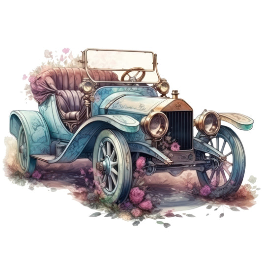Art Nouveau Retro Cars Fabric Panel 6 featuring a vintage blue car with floral accents on premium quilting cotton.