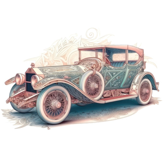 Art Nouveau Retro Cars Fabric Panel 7 featuring a detailed vintage car illustration on premium quilting cotton fabric.