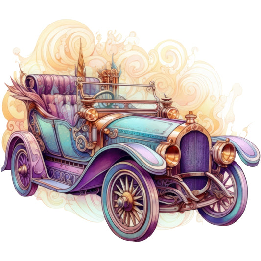 Art Nouveau Retro Cars Fabric Panel 8 featuring a detailed vintage car illustration in pastel colors on premium quilting cotton.