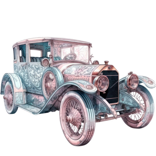 Art Nouveau Retro Cars Fabric Panel 9 featuring a detailed vintage car design in pastel colors on premium quilting cotton.