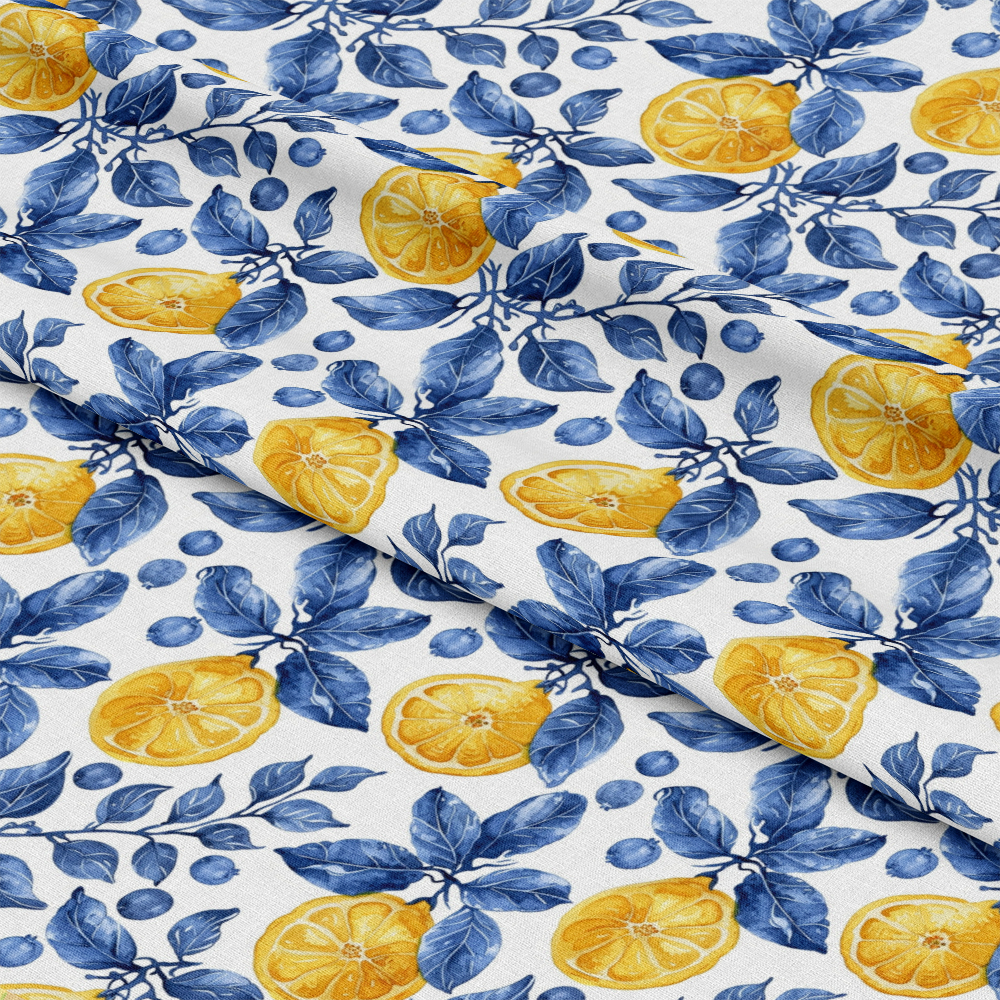 Azulejo Lemons with Blue Leaves Pattern 10 Quilting Cotton Fabric