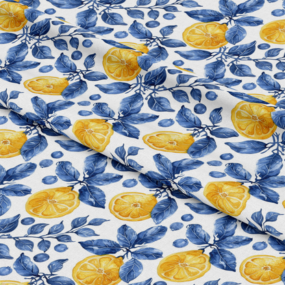 Azulejo Lemons with Blue Leaves Pattern 10 Quilting Cotton Fabric