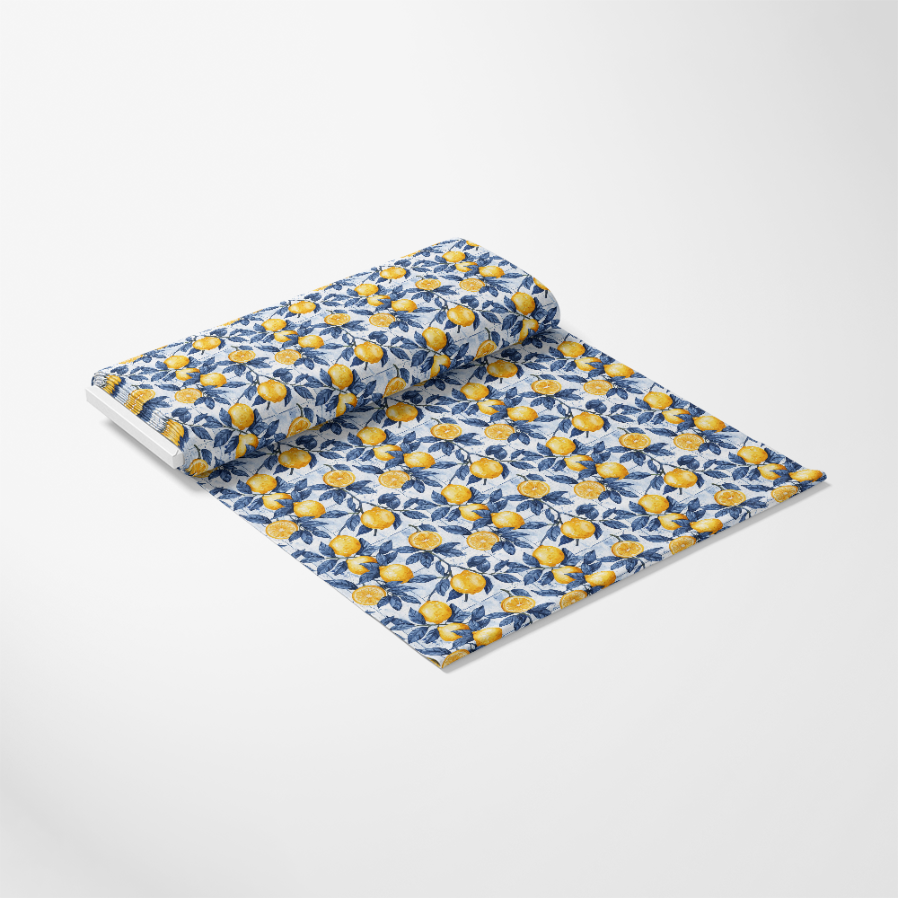 Azulejo Lemons with Blue Leaves Pattern 1 Quilting Cotton Fabric