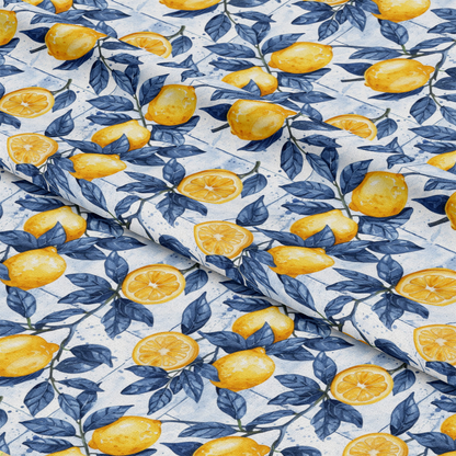 Azulejo Lemons with Blue Leaves Pattern 1 Quilting Cotton Fabric