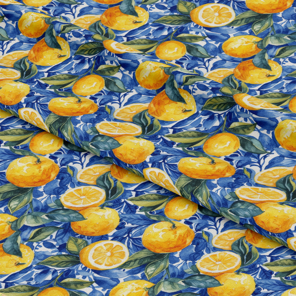 Azulejo Lemons with Blue Leaves Pattern 2 Quilting Cotton Fabric
