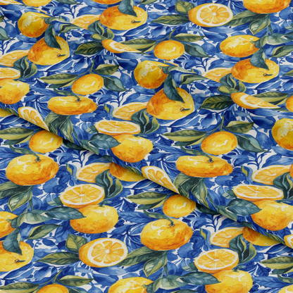 Azulejo Lemons with Blue Leaves Pattern 2 Quilting Cotton Fabric