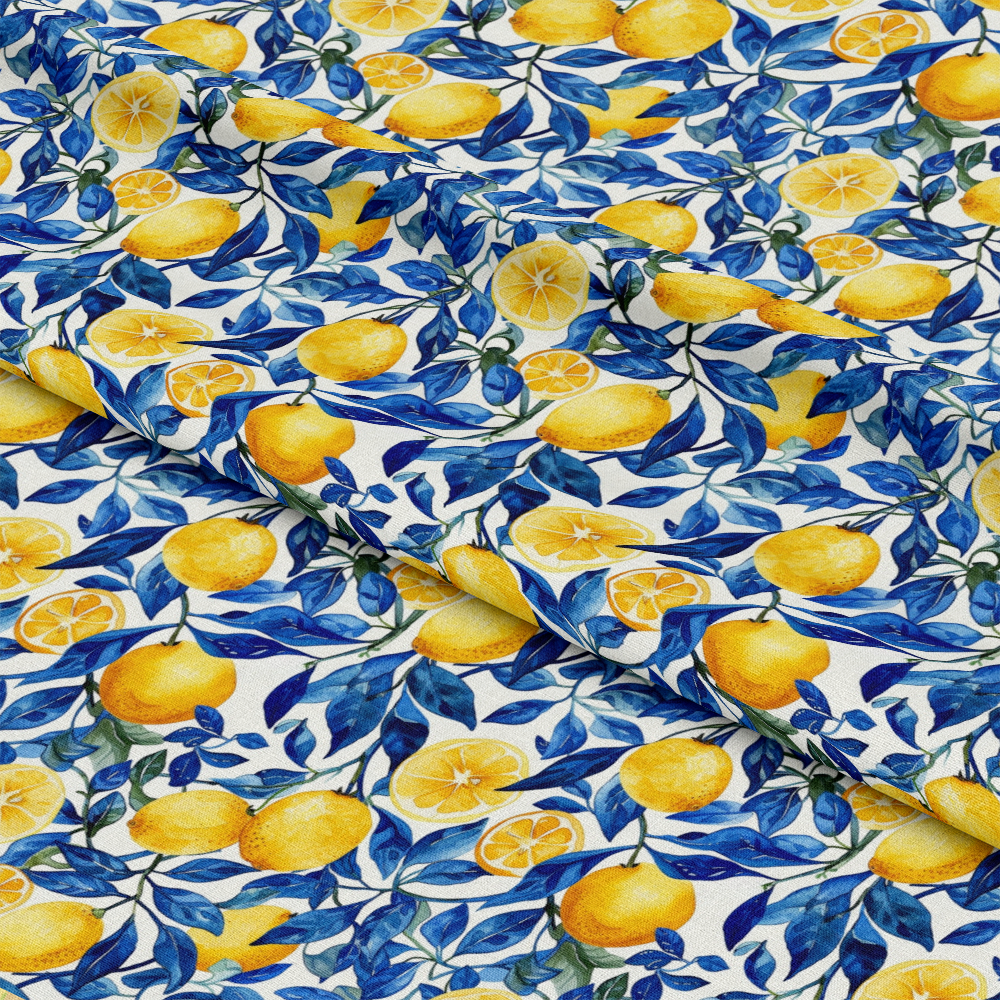 Azulejo Lemons with Blue Leaves Pattern 3 Quilting Cotton Fabric