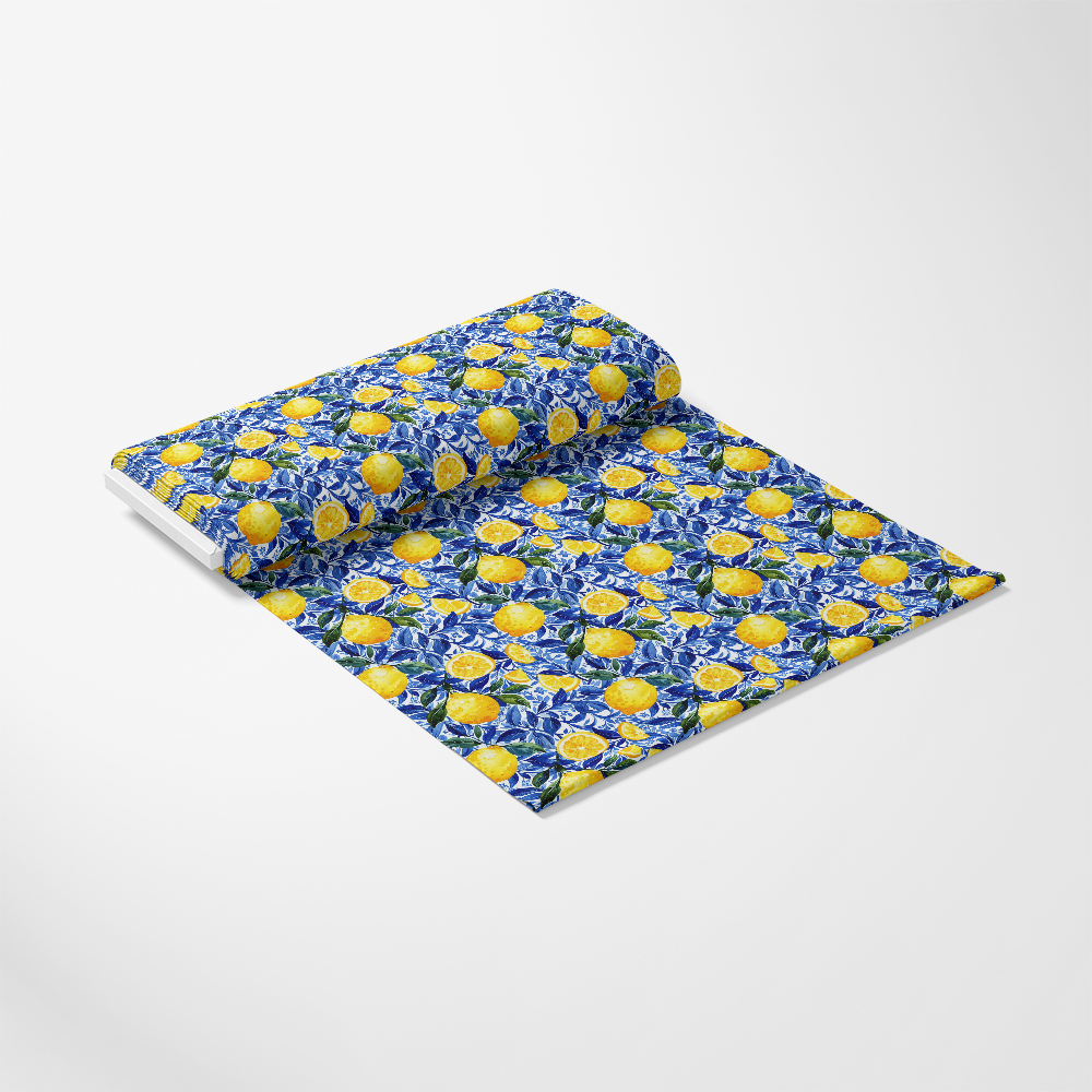 Azulejo Lemons with Blue Leaves Pattern 4 Quilting Cotton Fabric