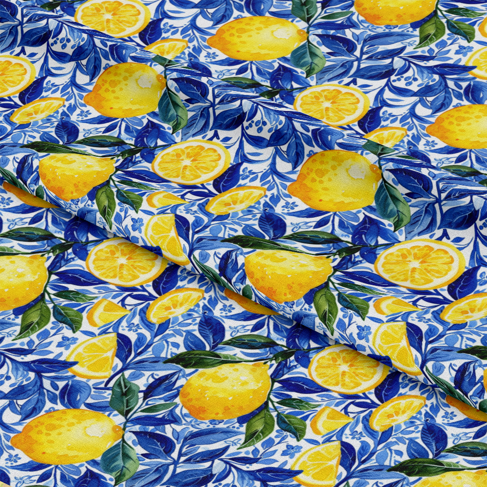 Azulejo Lemons with Blue Leaves Pattern 4 Quilting Cotton Fabric