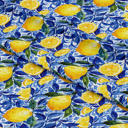 Azulejo Lemons with Blue Leaves Pattern 4 Quilting Cotton Fabric