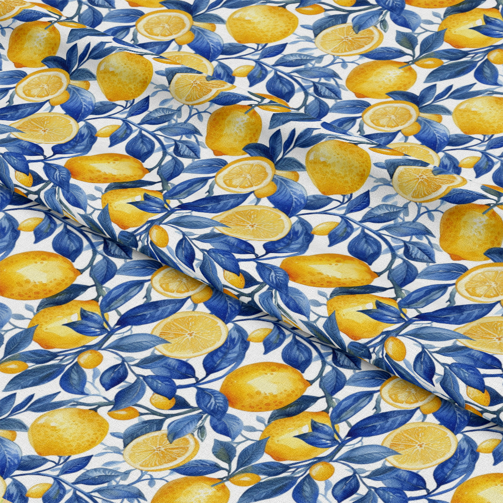 Azulejo Lemons with Blue Leaves Pattern 5 Quilting Cotton Fabric