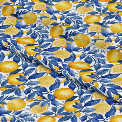 Azulejo Lemons with Blue Leaves Pattern 5 Quilting Cotton Fabric